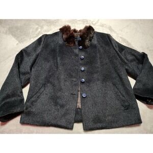 Vintage Wool Jacket Ladies M Black Fur Collar Tailored Lined Fitted Classic